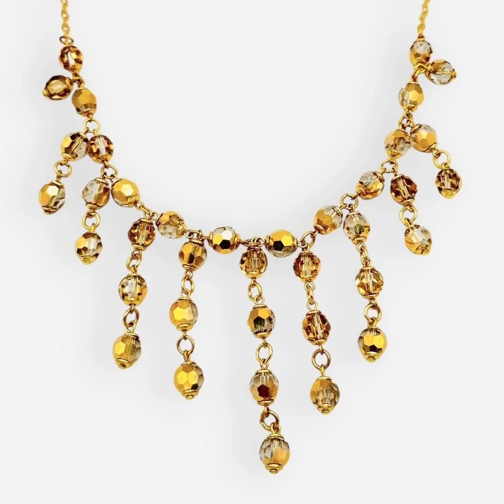 Vintage Jarmila‎ Bijou Bib Necklace Aurora Borealis Crystals Gold Beaded Czech
